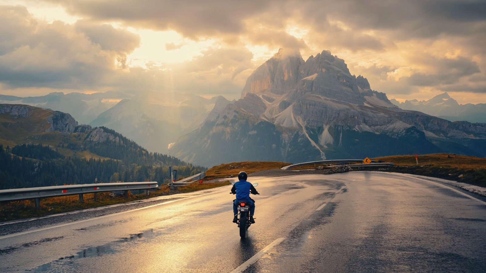 Kurvige Bergpassstraße mit regennassem Asphalt, ein einzelnes Motorrad legt sich weit voraus in eine Kurve, während die Morgensonne durch aufreißende Wolken bricht.
