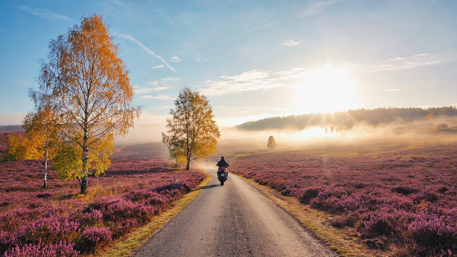 Ein Motorrad fährt langsam über eine leere Landstraße durch herbstliche Heidelandschaft mit blühender Heide und Birken, tiefe goldene Nachmittagssonne, Nebel in der Ferne.